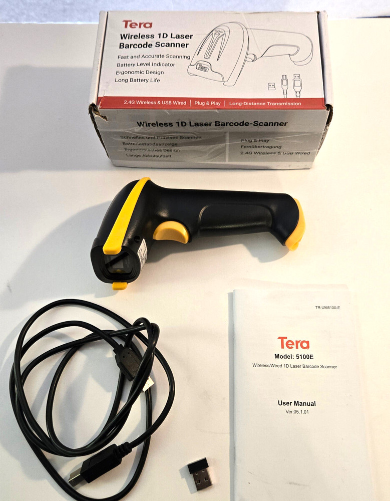 Tera 5100 Scanner -Wireless 1D Laser Barcode Scanner USB cable or Wireless – New