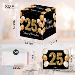 25th Birthday Money Box Cash Pull Black Gold 50 PCS Transparent Bags Card