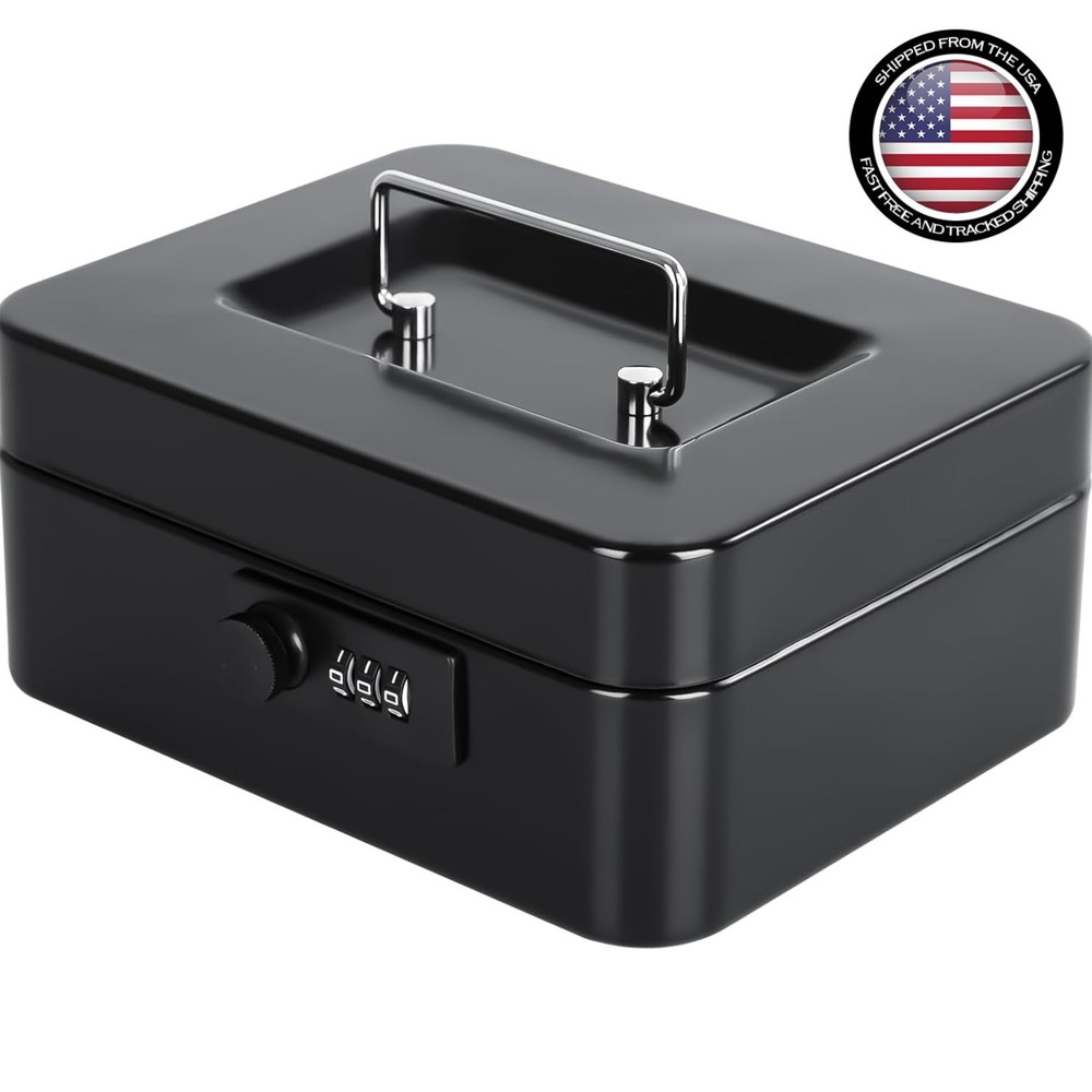 Compact Black Cash Box with Combination Lock & Removable Tray – 7.87″ x 6.30″