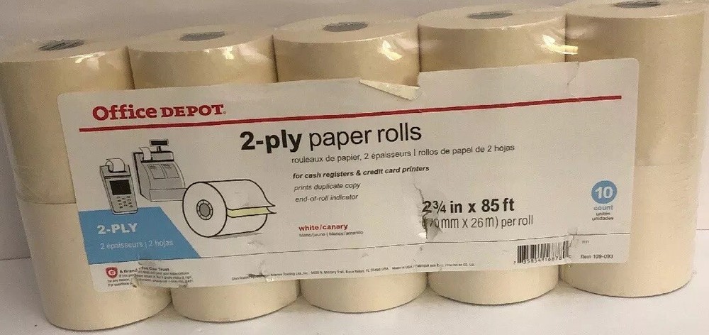 Office Depot® Brand 2-Ply Paper Rolls,2 3/4″ x 85′, Canary/White,Pack Of 10-RARE
