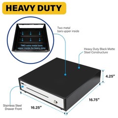 16inch Stainless Steel Front Heavy Duty Black POS Cash Drawer with 5Bill/5Coin