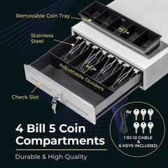 Volcora 13″ Cash Register Drawer for Point of Sale System with 4 Bill 5 Coin …