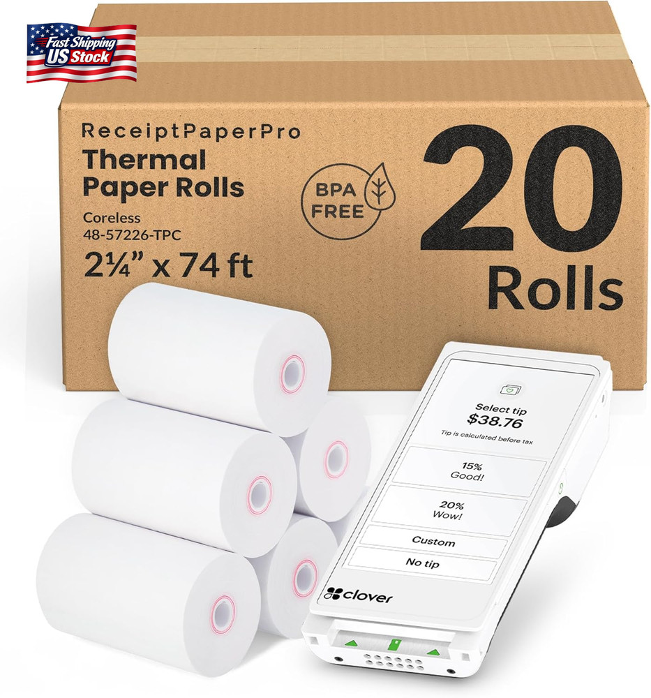 2 1/4” X 74 Ft Coreless Thermal Receipt Paper Rolls for Clover Flex 3 Clover Fle