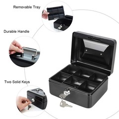 Cash Box with Money Tray, Small Money Box with Key Lock, 6″ x 4 4/5″ x 3″, Black