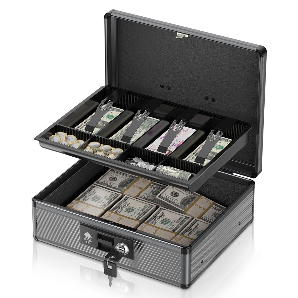 Locking Cash Box with Money Tray and Key, Secure Money Safe Box for Cash, Por…