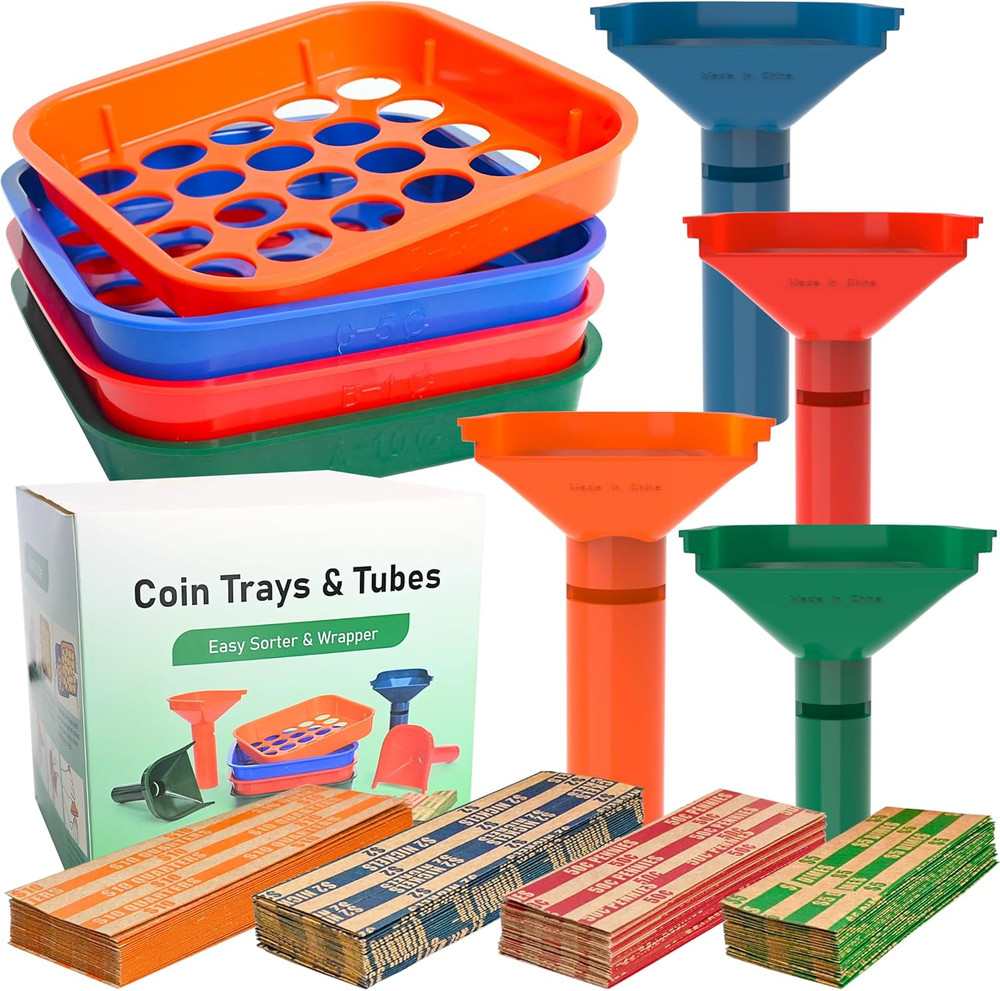Coin Sorter Tray & Coin Sorter Tube – 4 Color Coded Coin Separator Trays and Coi