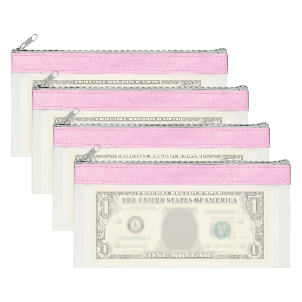 8.5×4 Inch Money Bags with Zipper, 4Pcs Clear Cash Pouch, Pink