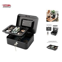 Locking Medium Steel Cash Box with Money Tray,Lock Box,Black