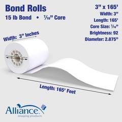 Alliance Bond Paper Receipt Rolls 1 Ply, 92 Bright, 3″x165′, 50 Rolls