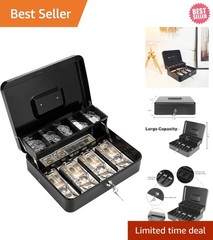 Heavy-Duty Black Cash Box with Key Lock – Large Money Organizer 11.8″ x 9.4″
