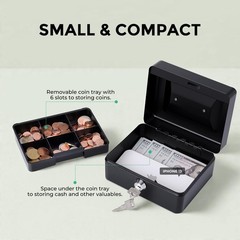 Small Cash Box with Money Tray and Lock, Metal Small, Black – Key Lock