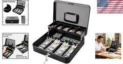 Portable Cash Drawer with Key Lock & Spill-Proof Coin Tray – Black, 11.8×9.5 in