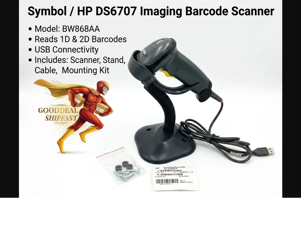 Symbol / HP DS6707 Imaging Barcode Scanner Kit (BW868AA) + Gooseneck Stand – USB