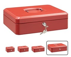 Red Cash Box 11.81 Inch Steel Lockable Key Money Box with Tray Portable