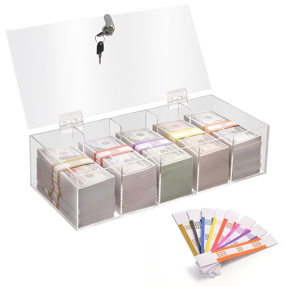 Acrylic Locking Currency Tray With 300 Currency Wrappers, 5 Compartment Clear…