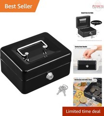 Small Metal Cash Box with Key Lock Portable Handle Water Resistant Black