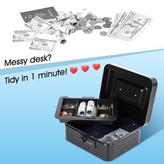 Medium Steel Cash Box with Money Tray, Lock Box, Black