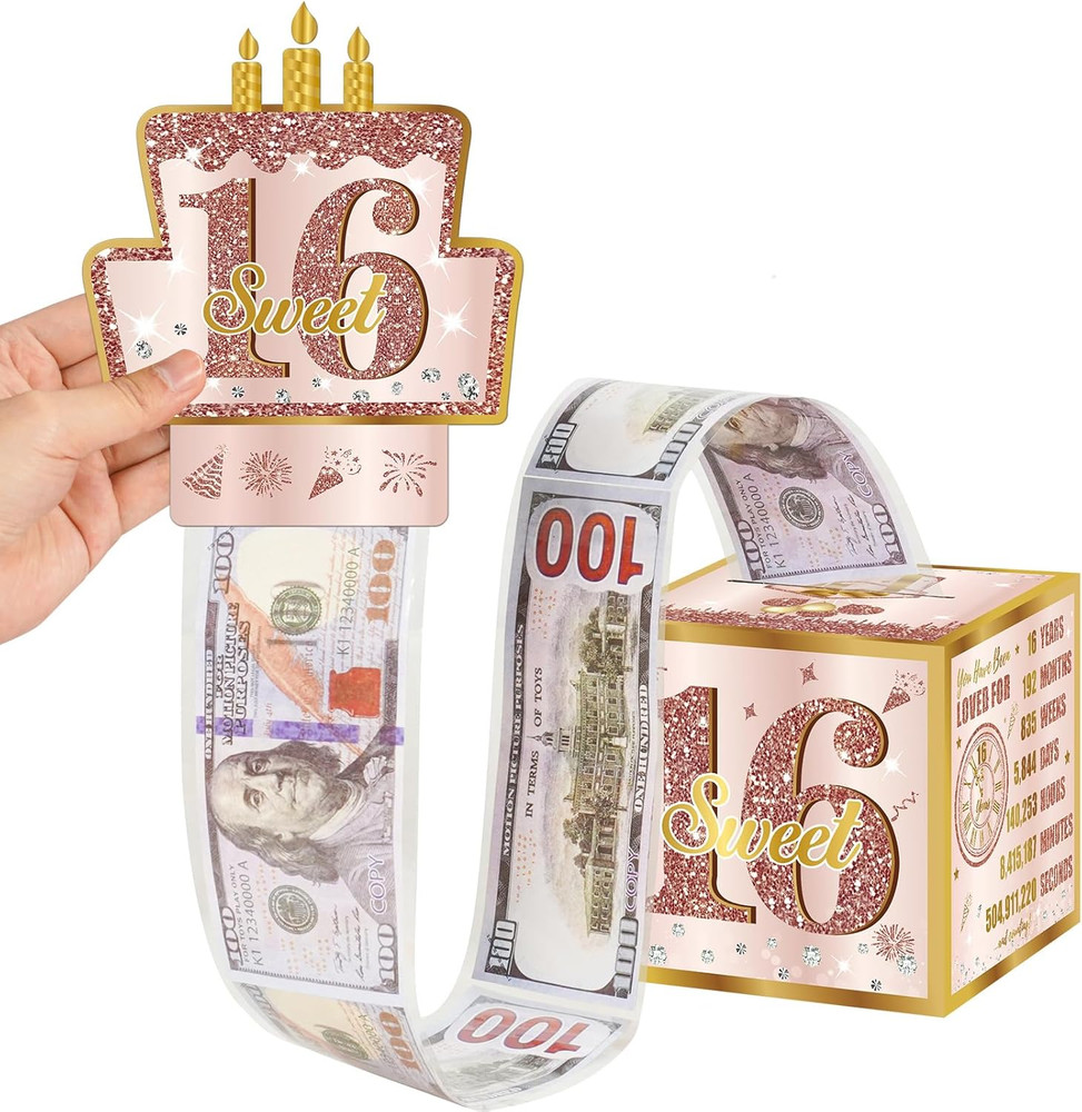 Sweet 16th Birthday Pull-Out Money Gift Box for Girls – Pink Rose Gold Happy Six