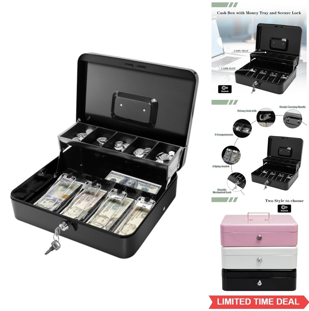 Metal Cash Box with Key Lock 11.8×9.4×3.5 Inches Removable Money Tray Portable