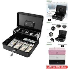 Metal Cash Box with Key Lock 11.8×9.4×3.5 Inches Removable Money Tray Portable