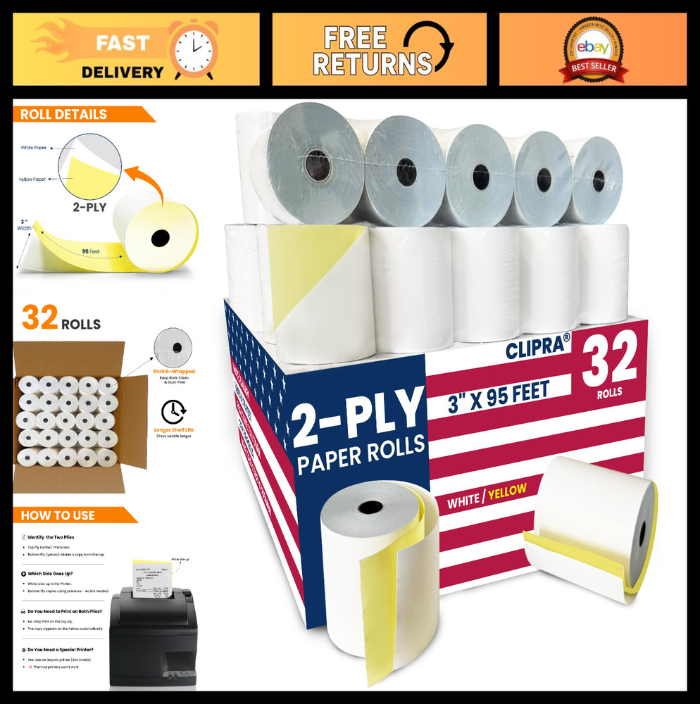 32 Rolls 2-Ply Carbonless Kitchen Printer Paper 3” x 95ft – Compatible Receipt R