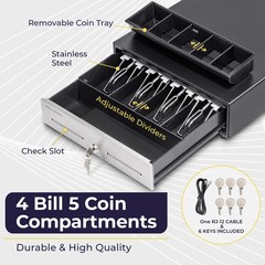 Volcora 13″ Cash Register Drawer POS System 4 Bill 5 Coin Black Stainless Steel