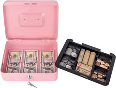 Pink Cash Box with Money Tray and Lock, Metal Money Box for Cash, Lock Box for M