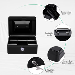 Small Cash Box with Money Tray and Lock, Metal Cash Lock Box with Key, Petty Cas