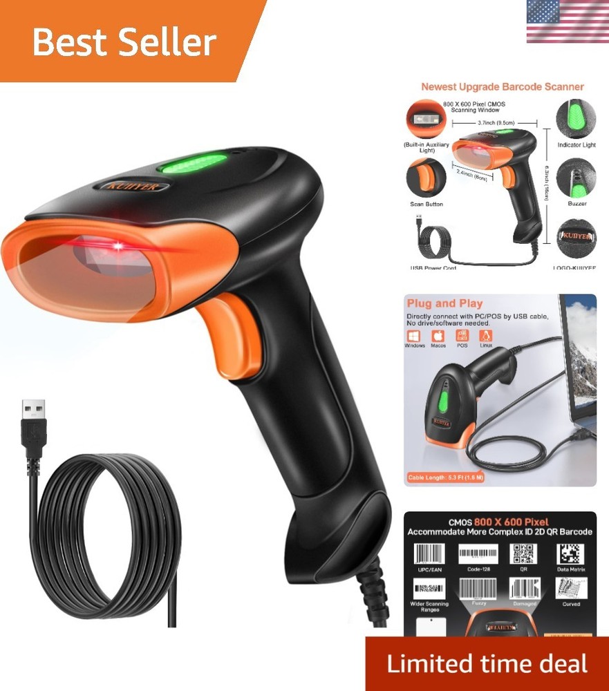 Durable Handheld USB Barcode Scanner with Built-in Light & 3 Scanning Modes