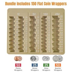 Brown Coin Counter Sorter Tray with 150 Assorted Wrappers 5 Compartments