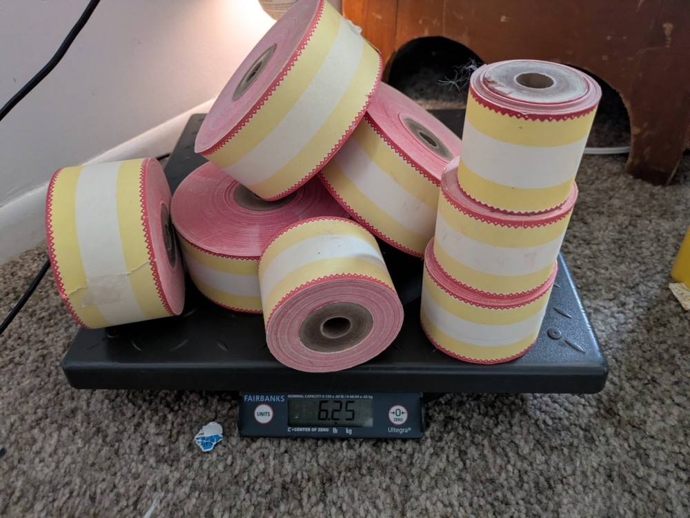 Vtg 1970 Scarce Red Yellow And White Receipt Paper Large Roll Lot (None Thermal)