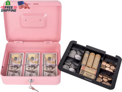 Pink Cash Box with Money Tray and Lock, Metal Money Box for Cash, Lock Box for M