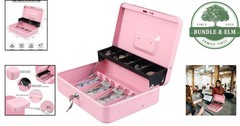 Durable Pink Cash Box with Key Lock, Tiered Design and Coin Tray for Security