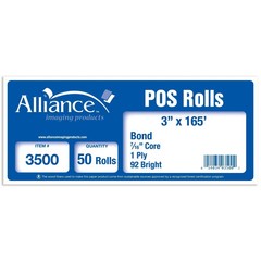 Alliance Bond Paper Receipt Rolls 1 Ply, 92 Bright, 3″x165′, 50 Rolls