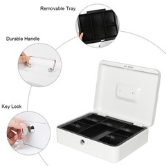 Cash Box Key Lock White 11.8×9.4×3.5 Inch XLarge Metal Money Tray Safe Box