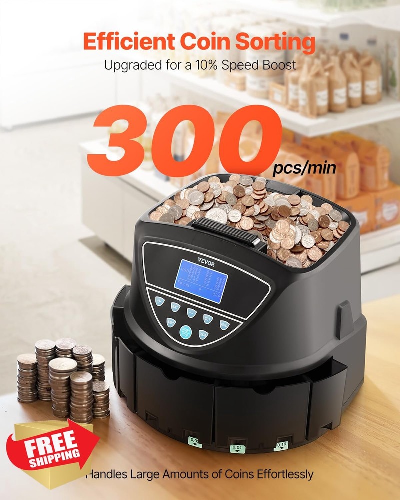 VEVOR Coin Counter Sorter Machine USD Change Counter 300 Coins/Min