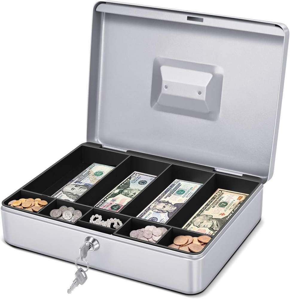 Cash Box with Money Tray and Lock – Metal Cash Box for Small Businesses, 9-Co…