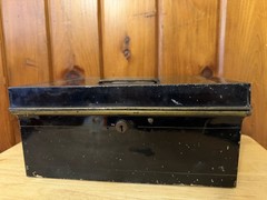Antique METAL BOX BLACK GOLD DOCUMENT BOX Lock with key