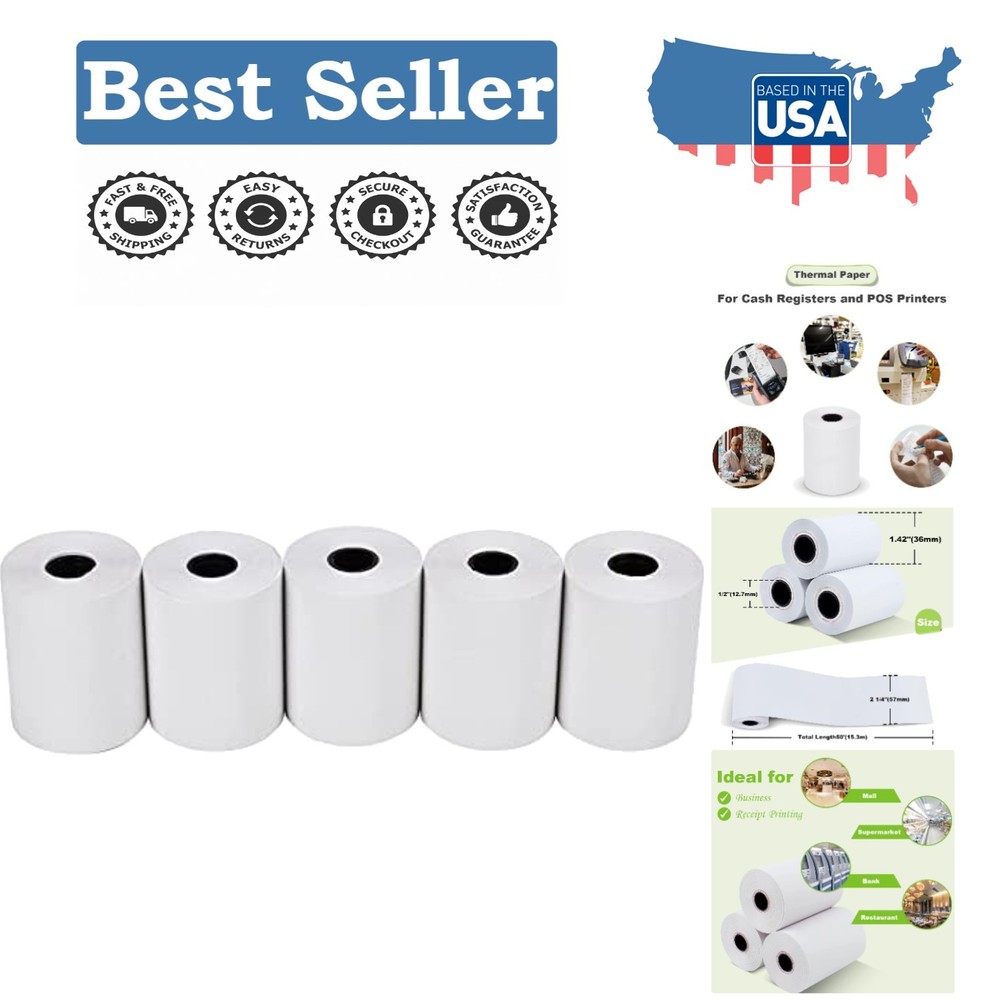 Standard 2 1/4″ x 50′ Thermal Receipt Paper – 5 Rolls, Biodegradable & Bright