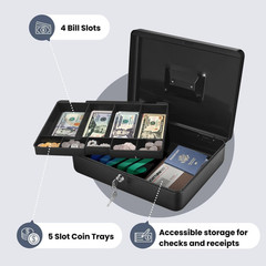 Cash Box with Money Tray and Lock – Metal Cash Box for Small Businesses, 9-Compa