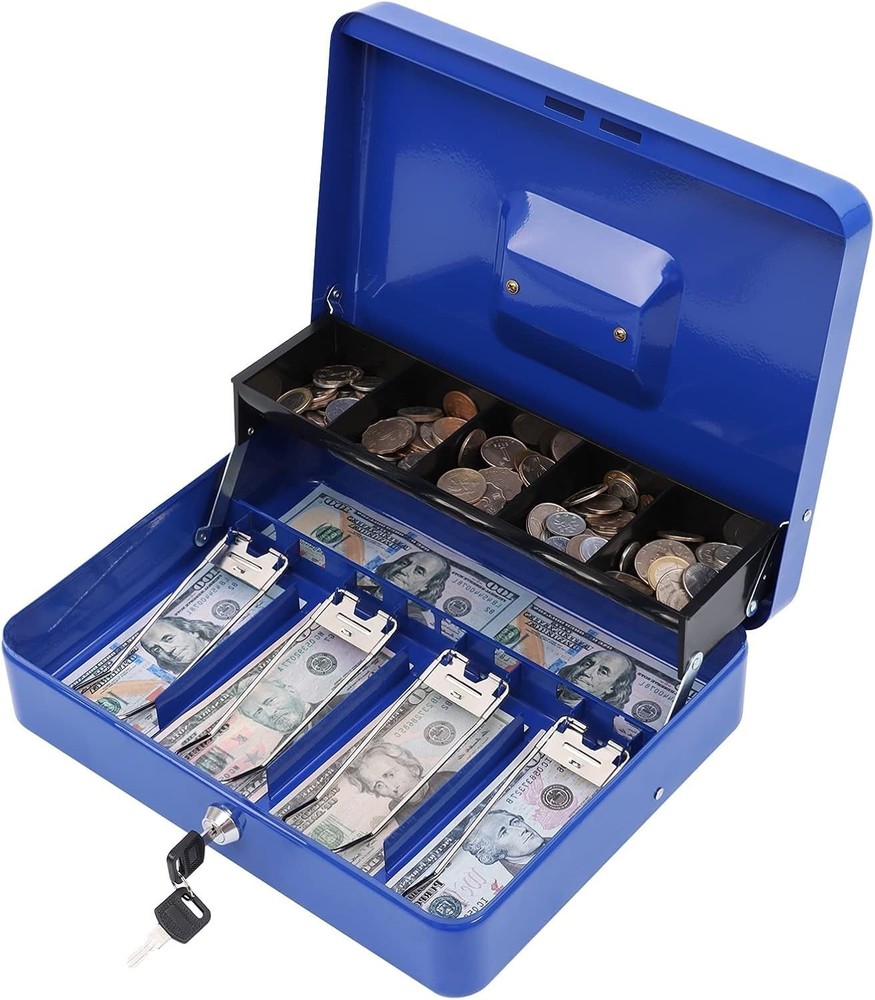 Durable Blue Metal Cash Box with Key Lock and Tiered Money Tray, 11.8″ x 9.5″
