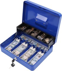 Durable Blue Metal Cash Box with Key Lock and Tiered Money Tray, 11.8″ x 9.5″