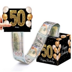 50th Birthday Money Box Cash Pull Out Gift Surprise Black Gold With 50 Bags