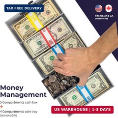 Volcora Cash Box Money Organizer – 15″ x 7.5″ x 4″ Cashbox 5 Compartments Drawer