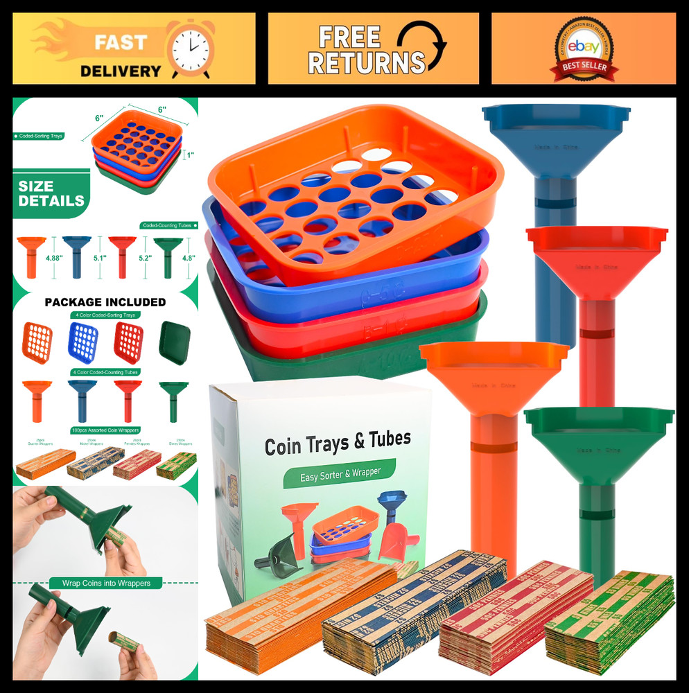 Coin Sorter Tray & Tube Set – 4 Color Coded Coin Separators + 100 Assorted Wrapp