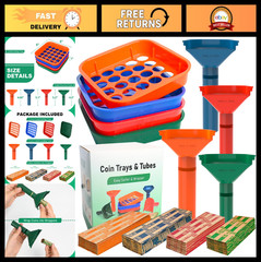 Coin Sorter Tray & Tube Set – 4 Color Coded Coin Separators + 100 Assorted Wrapp