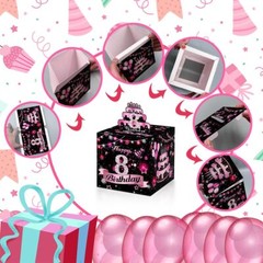 Birthday Money Box 8-Year-Old Cash Gift Surprise Pink Decor 35 Bags Incl.