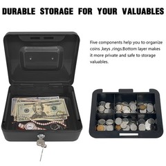 Steel Cash Box with Key Lock, Metal Small Money Organizer with Money Tray,Cas…