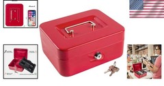 Lightweight Water-Resistant Cash Box with Key & Storage Tray – Compact Red