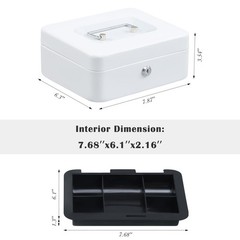 7.87×6.30×3.54 White Medium Steel Cash Box, Removable Coin Tray, Key Lock
